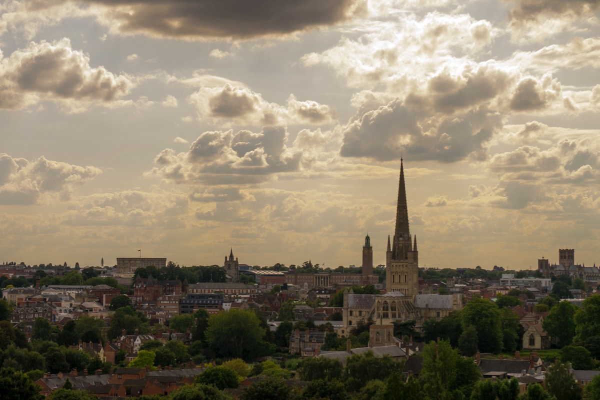 View over Norwich, with the Castle, City Hall and both catherdrals in view