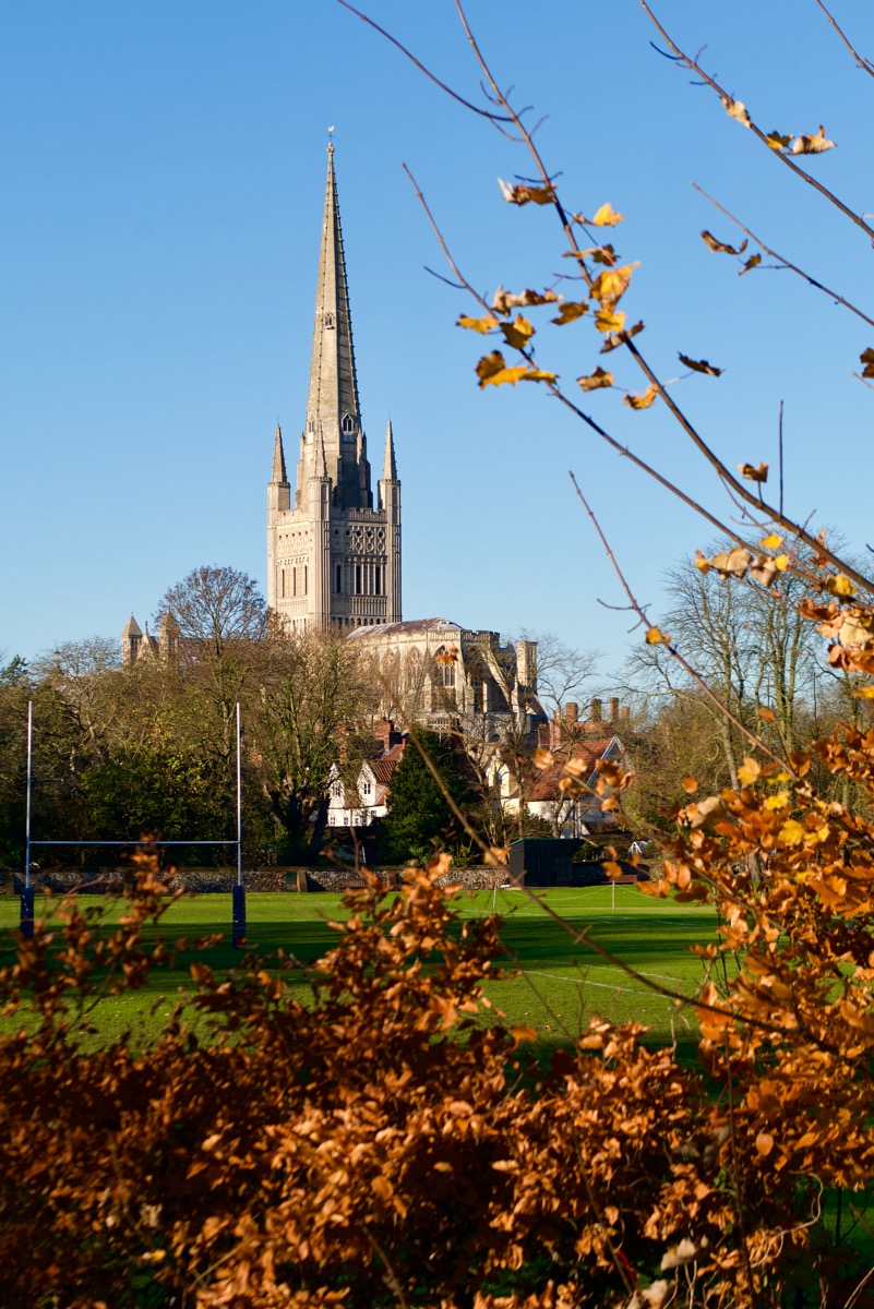 View of Norwich Catherdral with rugby pitch in view