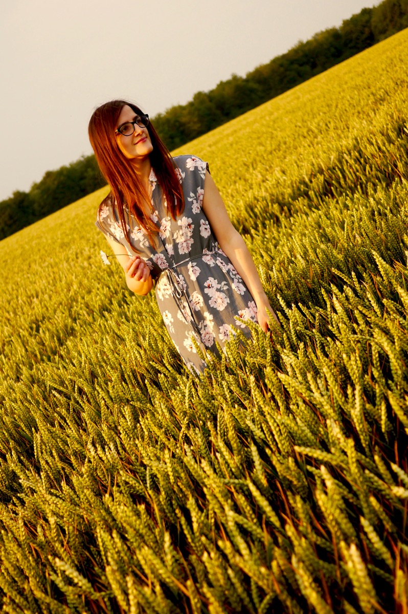 Katie in the wheat field at golden hour
